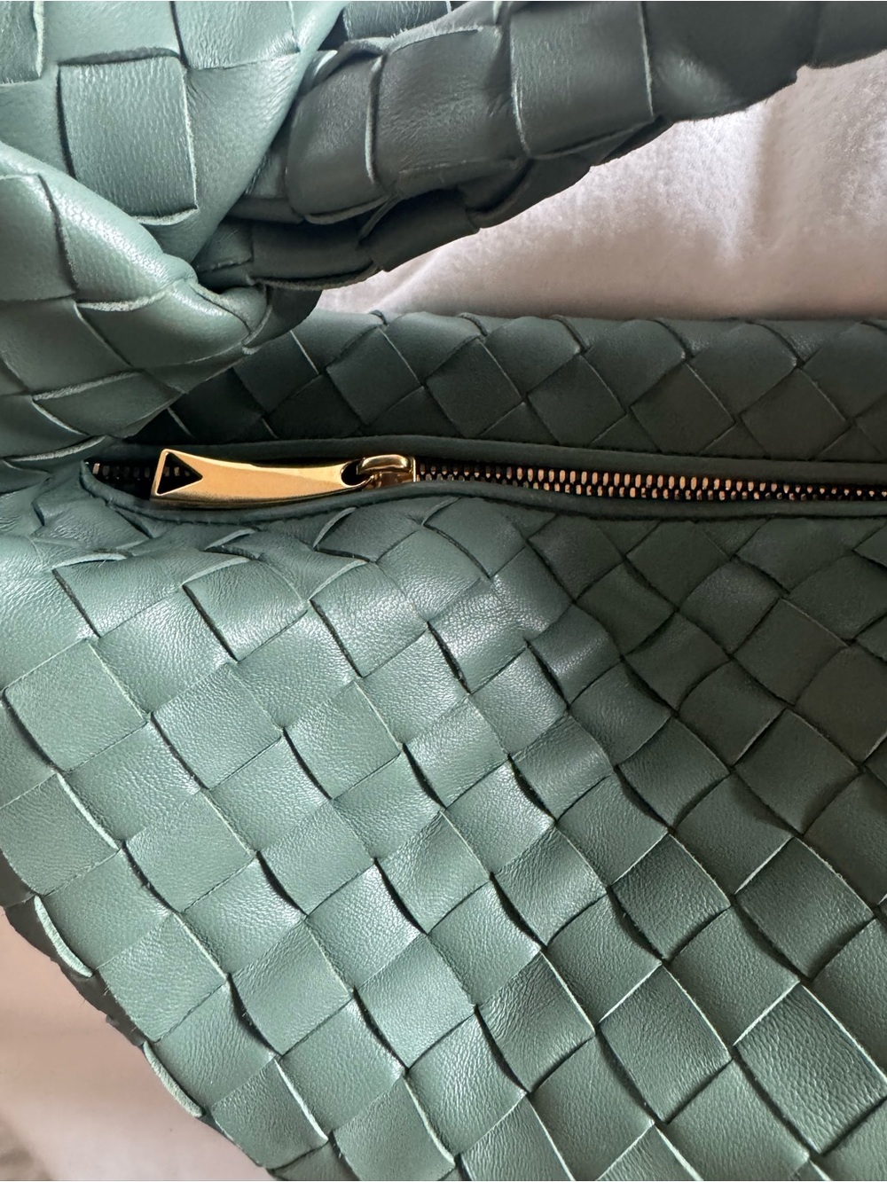Bottega Veneta teen Jodi  Intrecciato Leather Bag in Sage Green with Gold Zip